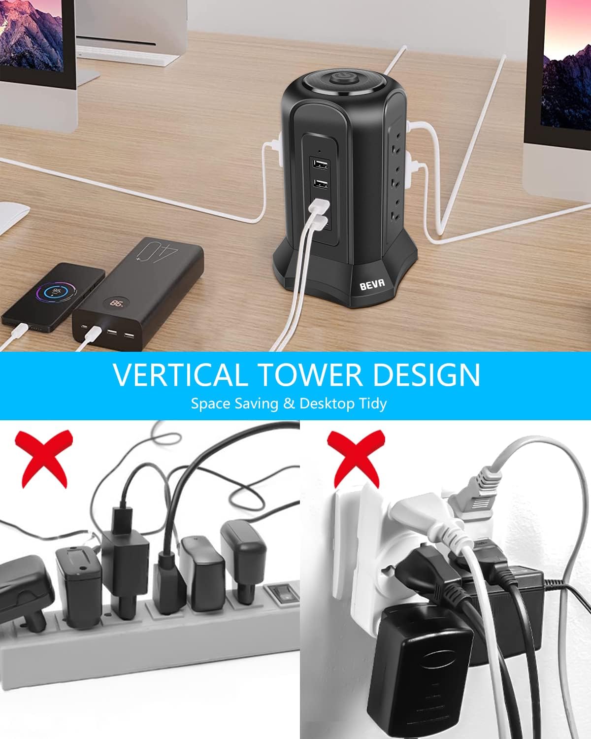 Power Strip Tower Surge Protector BEVA 10ft Flat Plug Desktop Charging Station 9 AC Outlets 4 USB Ports, 900 Joules, Long Extension Cord for Home Office Appliances Smartphones Computer Tablets(Black) - Image 3
